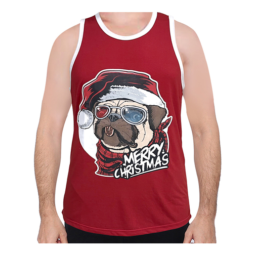Men's Cotton Christmas Singlet Tank Top Sleeveless T-shirt Xmas Party Wear - [Size: L] [Design: Christmas Pug/Red]