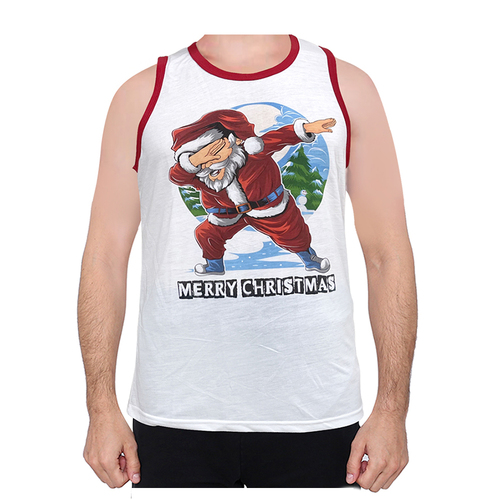 Men's Cotton Christmas Singlet Tank Top Sleeveless T-shirt Xmas Party Wear - [Size: M] [Design: Dabbing Santa/White]
