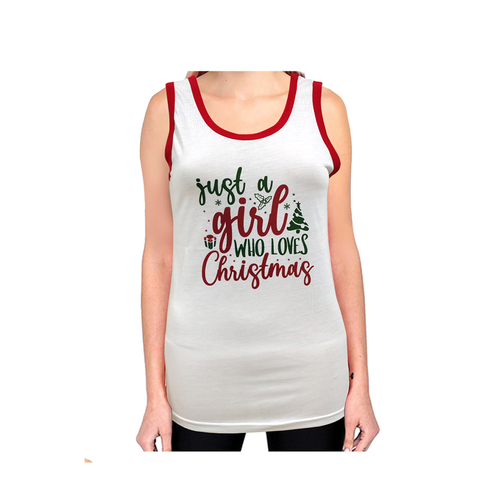 Women's Cotton Christmas Singlet Tank Top Sleeveless T-shirt Xmas Party Wear - [Size: M] [Design: Girl Who Loves Xmas/White]