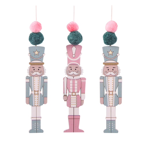 3pcs Christmas Wooden Soldier Nutcracker w Pompom Tree Ornaments Xmas Hanging Décor