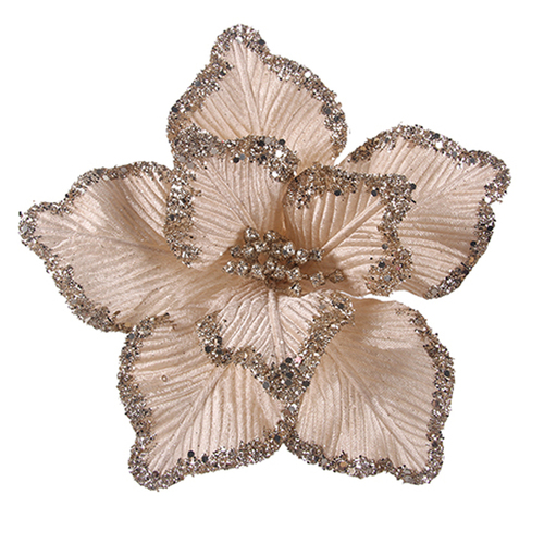 4x Christmas Poinsettia Flower W/Clip Picks Decoration Xmas Gold Ivory [Design: Poinsettia A (Champagne)]
