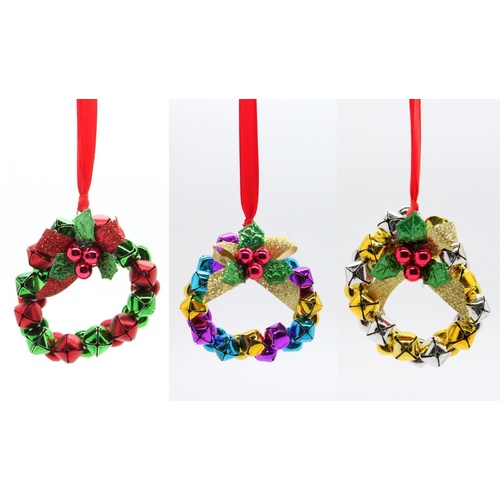 3x Christmas Jingle Bells Mini Wreath Hanging Tree Ornament w Holly Decor 7cm