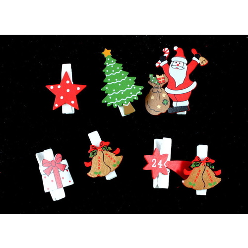 6-7x Christmas Wooden Clips Pegs Xmas Tree Star Card Holder Decoration Craft [Design: PACK A] 