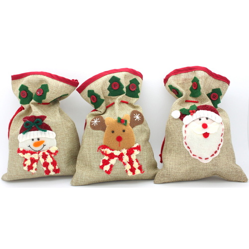 Christmas Xmas Hessian Fabric Gift Bag Pouch w Drawstring S M L XL / Bottle Bag [Set: 3x S (Natural)]