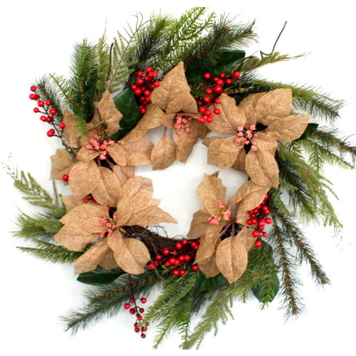 61cm XLarge Christmas Burlap Poinsettia Wreath Berries XMAS Door Wall Decoration
