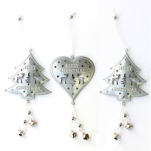 3x Silver Metal 3D Christmas Tree Ornament w Bells Reindeer Hanging Xmas Decor