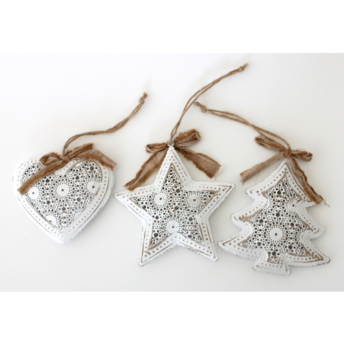 3x Christmas White Metal Cutout Tree Ornament Hanging XMAS Decoration 10-12cm