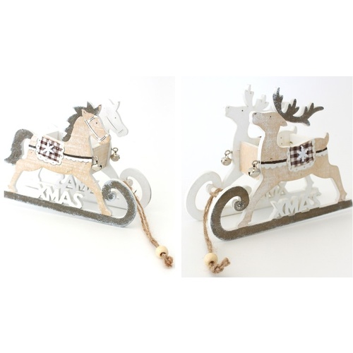 2x Christmas Wooden Reindeer Horse Sleigh Ornament w Bells Table XMAS Decoration