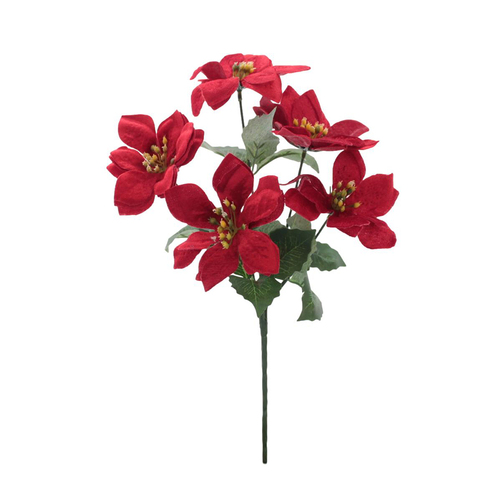 4x Bunches Red Christmas Poinsettia 5 heads Bush Artificial Flowers Plant Décor [Design: Velvet Red]