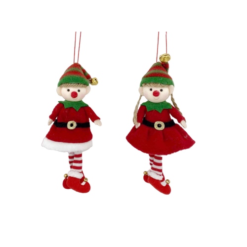 2-4pcs Christmas Tree Ornaments Hanging Decoration XMAS Elves Santa w Bell [Design: 2pc Boy Girl Elves]