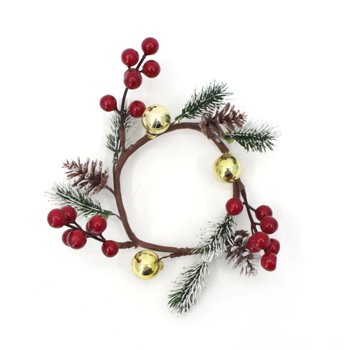 2x Christmas Holly Berry Candle Wreath Ring Table Decoration Centrepiece - 18cm_Gold