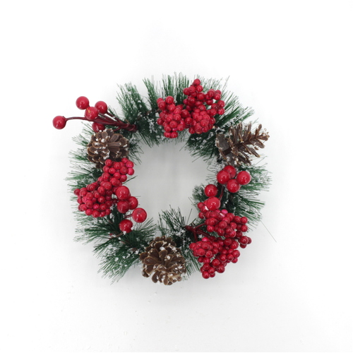 Christmas Snowy Red Berry Wreath Candle Ring Decoration Table Centrepiece 15cm [Design: A]