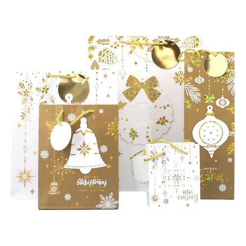 12x Christmas Gift Bags Cardboard Paper Bags w Foil S M L XL Bottle High Quality [Design: E] [Size: Small]