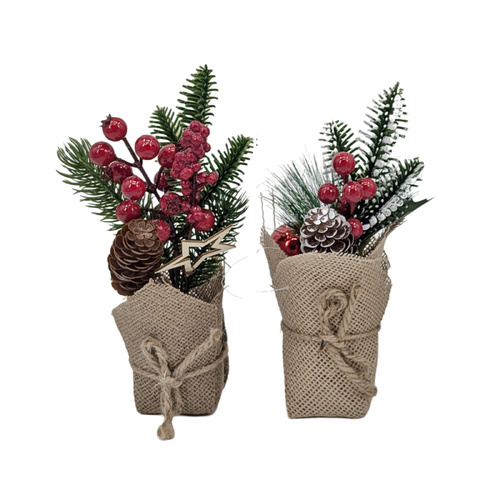 2x Christmas Berry Floral Plant Decoration in Burlap Pot 25cm Rustic Table Decor [Design: A]