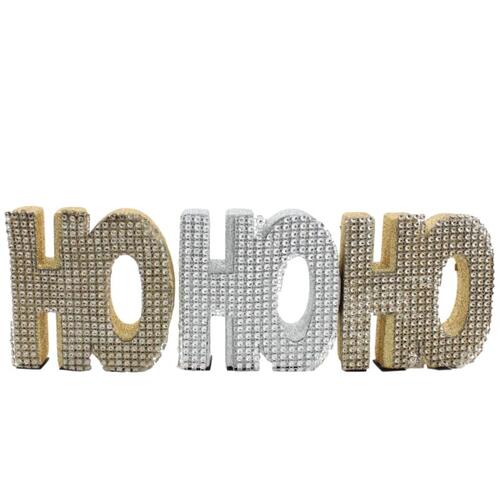 Christmas Jeweled Block Words Ho Ho Ho Glitter Stones Gold Silver Xmas Decor