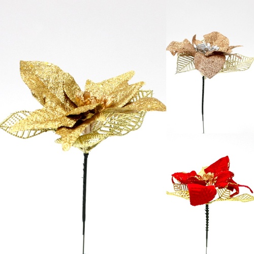 Set of 5 Christmas XMAS Poinsettia Flower Picks Spikes Decoration Decor Red Gold