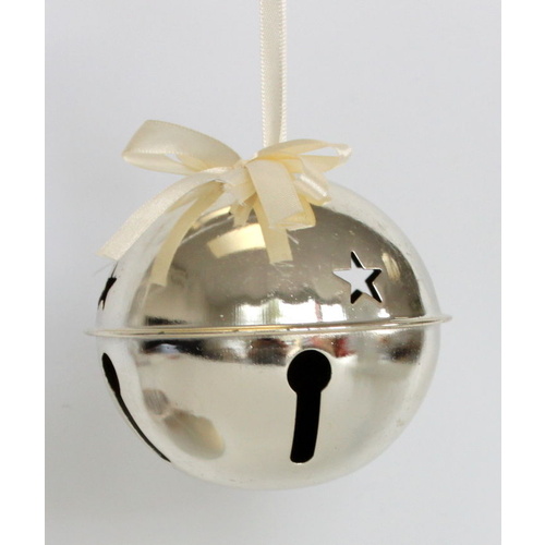 4x Christmas Xmas Jingle Bell Gold Silver Hanging Decoration Tree Ornament 10cm [Design: Gold w Cream Ribbon]