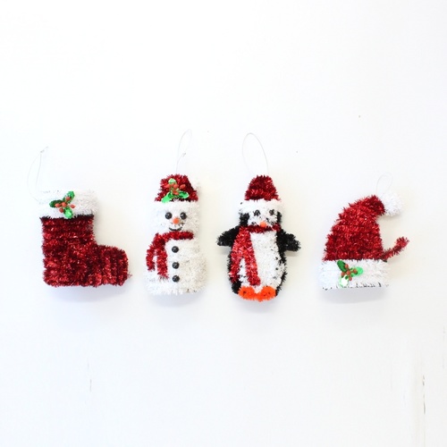 4x Christmas Tinsel Hanger Tree Ornament Decoration XMAS Snowman Penguin 13-18CM