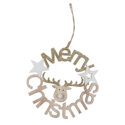 Merry Christmas Wood Door Sign Wreath Hanger Decoration Reindeer Gold Glitter [Design: 18cm]