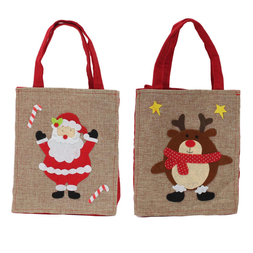 4x Christmas Xmas Red Natural Jute Hessian Burlap Felt Gift Bag Santa Snowman 25cm