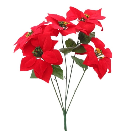 3x Bunches Large Red Christmas Poinsettia Bush Artificial Flowers Plant 50cm  [Design: 5 Flower Heads]