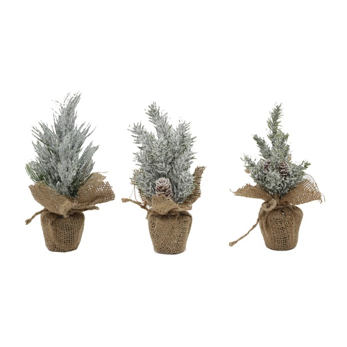 3x Mini Christmas Tree Shrub w Snow in Burlap Pot Artificial Flower Plant Decor