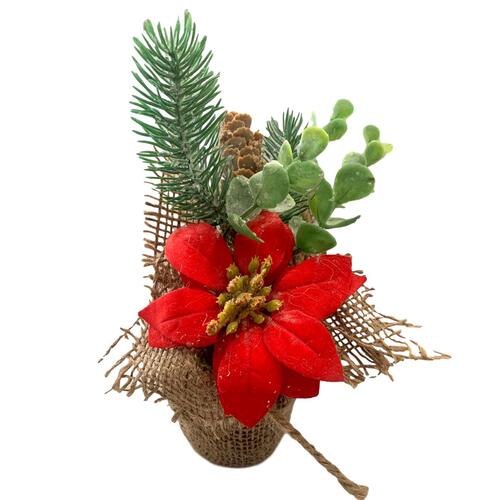 2x Christmas Flower Arrangement Artificial Potted Burlap Wrapped Pot Table Decor [Design: Red]