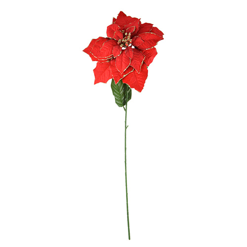 4x 75cm Red Velvet Feel Poinsettia Branch Stem w Gold Glitter Artificial Flower