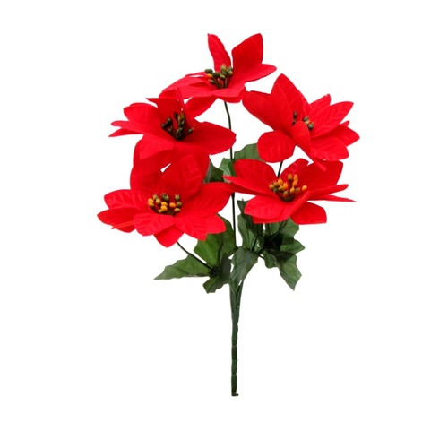 4x Bunches Red Christmas Poinsettia Bush Artificial Flowers Plant Decor 35cm [Design: 5 Flower Heads]