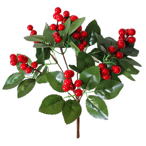 2x Christmas Red Berry Holly Leaves Foliage Bunch Branch Xmas Decor 35cm