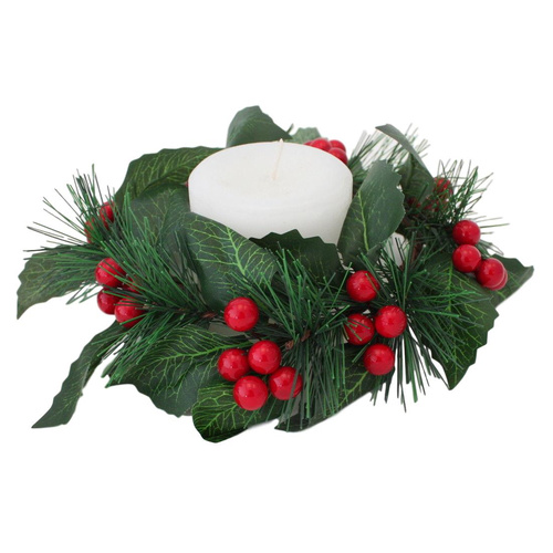 2x Christmas Red Berry Leaves Wreath Xmas Table Candle Holder Centerpiece 20cm [Design: A]