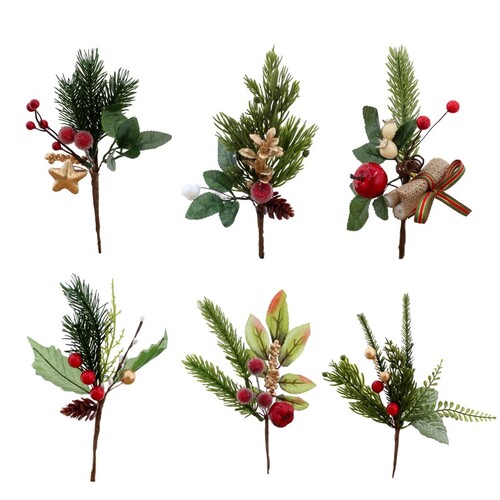 6x 23cm Christmas Pine Leaves Berry Cones Branch Artificial Apple Star Pick