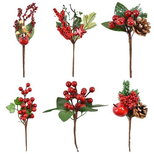 6x 23cm Christmas Red Berry Holly Branch Pine Cones Artificial Flower Pick