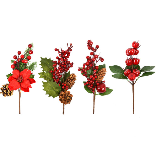 4x 24cm Christmas Red Berry Holly Branch Pine Cones Artificial Poinsettia Flower