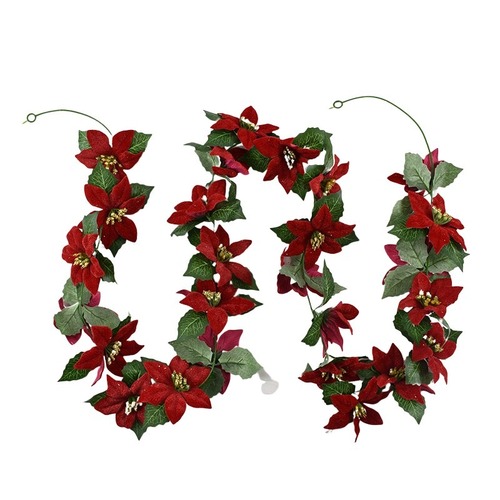Christmas Poinsettia Garland Artificial Flowers Leaves Table Holiday Decor 2m