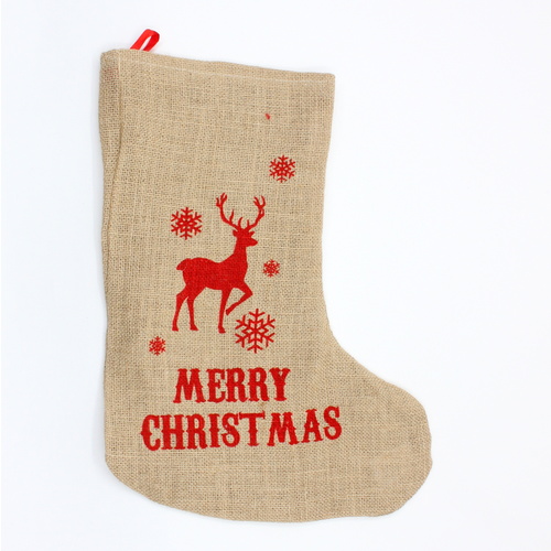 Christmas Xmas Hessian Stocking w Reindeer Print Hanging Presents Gift Bag 46cm
