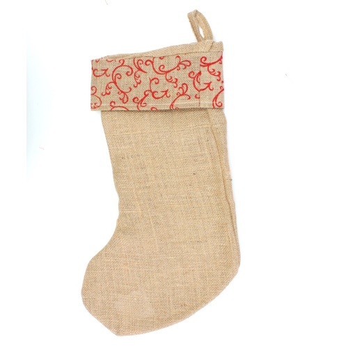 Christmas XMAS Traditional Hessian Burlap Stocking Hanging Printed Natural 57cm