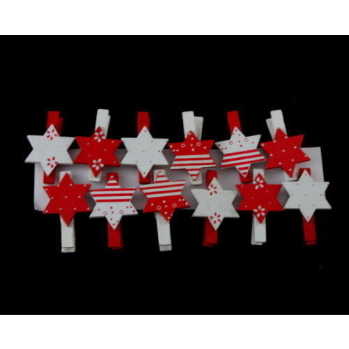 12x Christmas Wooden Clips Pegs Xmas Card Holder Decoration Trees Hearts Stars [Design: Stars] 