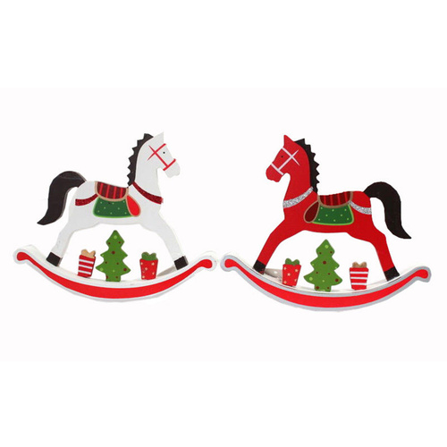 Set of 2 Christmas Rocking Horse Xmas Décor Decoration Red White 17cm & 24cm [Design: 17x15cm White &amp; Red]