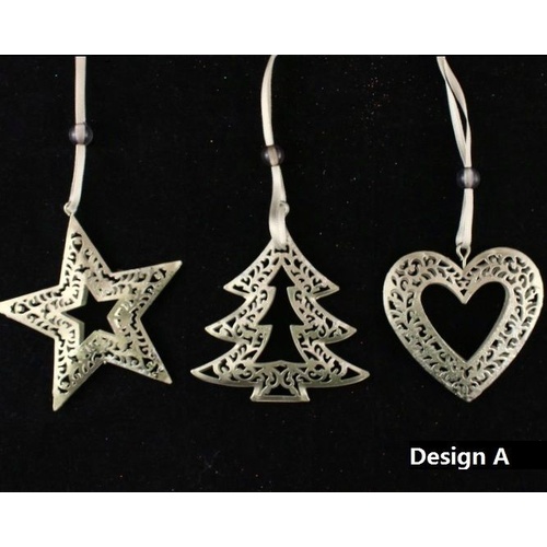 3x Christmas Tree Hanging Ornament Decoration Metal Gold Blue w Bells Xmas Décor [Design: Design A] 