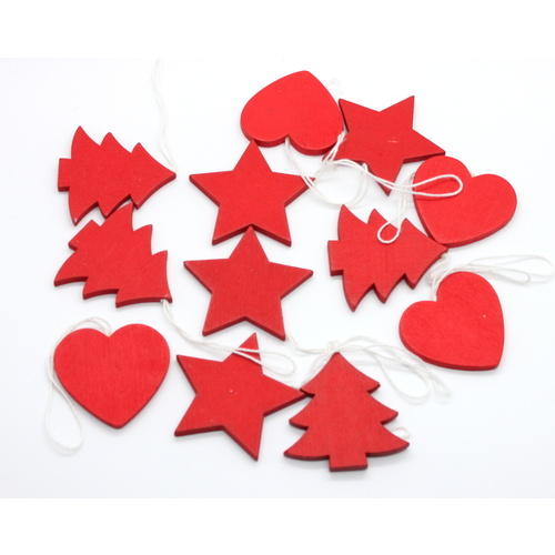 18x Christmas Wooden Hanging Ornament Xmas Decoration Décor Hearts Trees Stars [Design: Red]