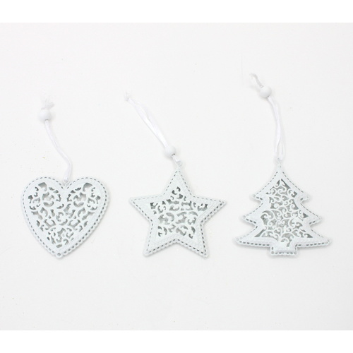 Set of 3 Pressed Metal Tree Ornaments White Glitter Hanging Decorations 9cm
