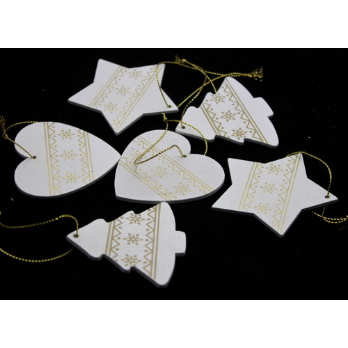 9x Christmas Wooden Hanging Tree Ornament w Gold Star Heart Tree Xmas 7cm [Design: White]