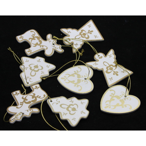 12x Christmas Wooden Hanging Tree Ornament w Gold Reindeer Heart Angel Xmas 6cm [Design: White]