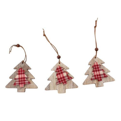 3x Christmas XMAS Wooden Hanging Tree Ornaments Natural Gingham Decoration [Design: trees]