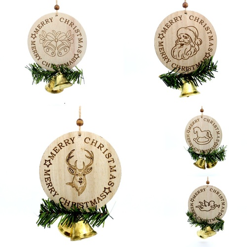 Set of 6 Christmas XMAS Wooden Plaque Sign Hanging Tree Ornament Jingle Bells