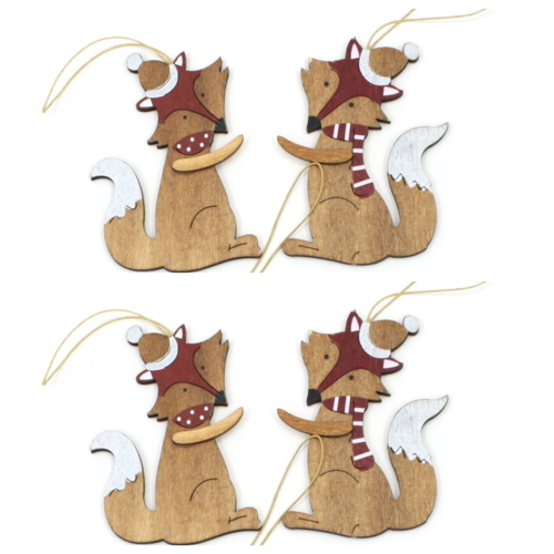 Set of 4 Christmas XMAS Wooden Tree Ornaments Fox Hanging Decoration Decor 12cm