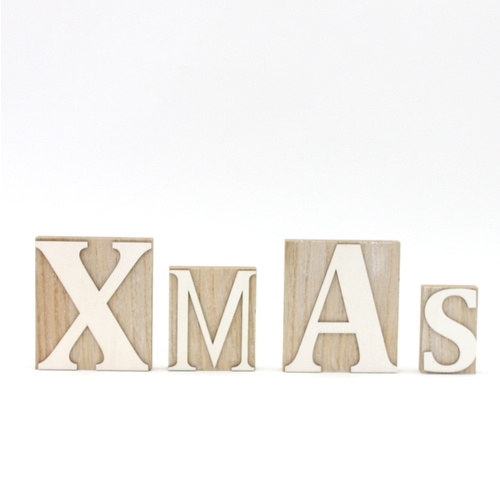 Christmas XMAS Natural Wooden Block Words Sign Decoration Set of 4 Letters White