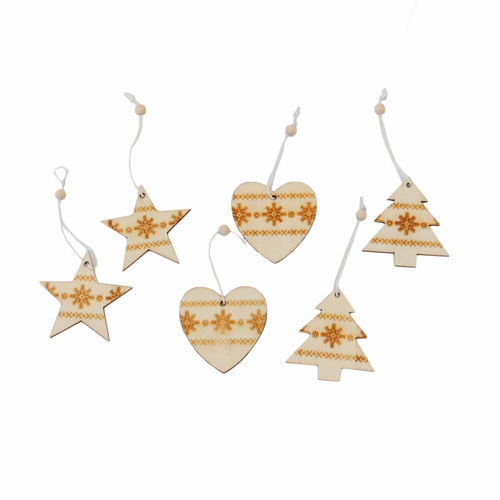 Set of 12 Christmas XMAS Wooden Tree Ornaments Hanging Decorations STAR HEART 6cm