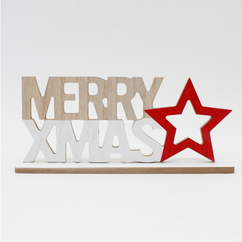 Christmas Natural Wooden Merry XMAS Sign Stand Words White Red Star 30x5x13cm